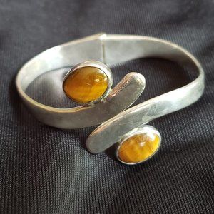 Vintage Taxco Mexico Silver 925 Bracelet Tiger's Eye Stones Spring Hinged Cuff